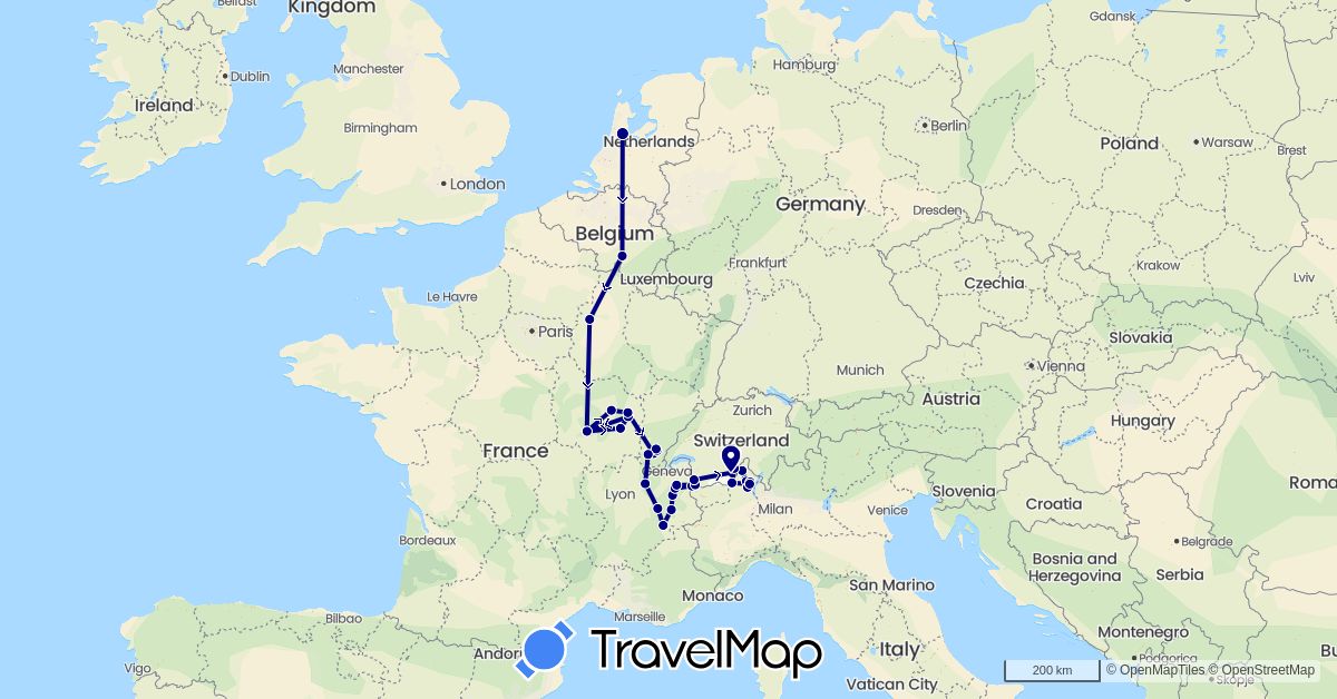 TravelMap itinerary: driving in Belgium, Switzerland, France, Italy, Netherlands (Europe)